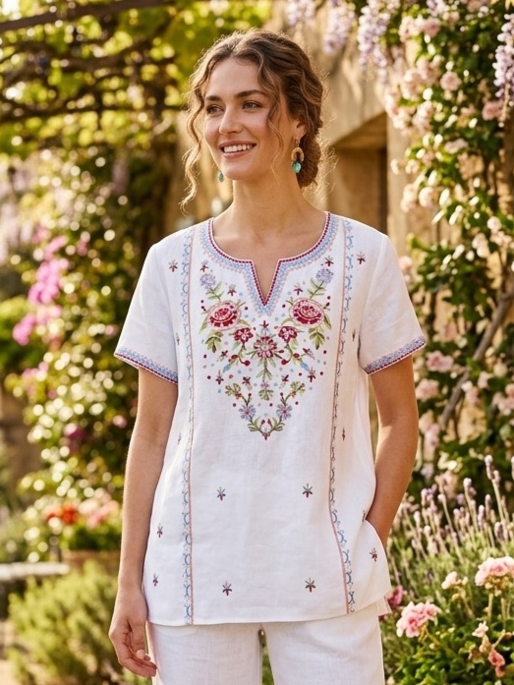 John Mark 100% Linen White Floral Embroidered Short Sleeve Tunic V-Neck Popover